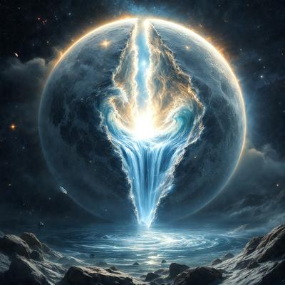 The primary subject of the image is a large, blue, and white planet with a waterfall pouring out of it. The setting is a dark, starry sky, creating a dramatic and mysterious atmosphere. The visual style is a digital art or illustration, with the planet and waterfall being skillfully rendered in vibrant colors. The overall mood of the image is one of wonder and awe, as the viewer is drawn into the vastness of space and the beauty of the celestial world.
